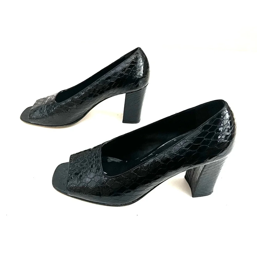 Vintage Sesto Meucci Black Italian Leather Snake Print Peep Toe Pumps W Size 7 M